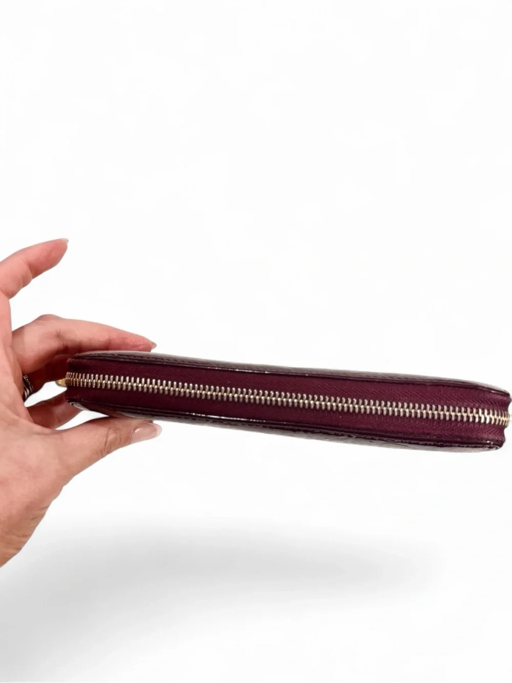 Christian Dior Vintage Trotter Print Patent Leather Long Zip Wallet | Burgundy